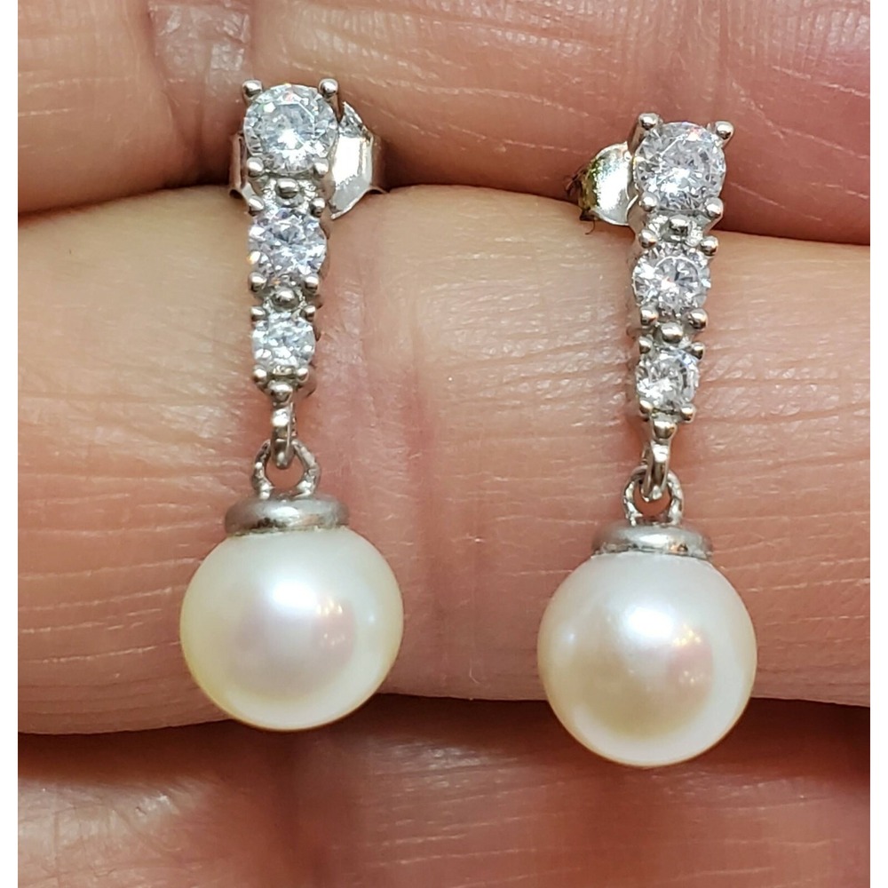 Zenalya 7mm White Pearl on Swarovski Crystal Drop Sterling Silver Post Earrings